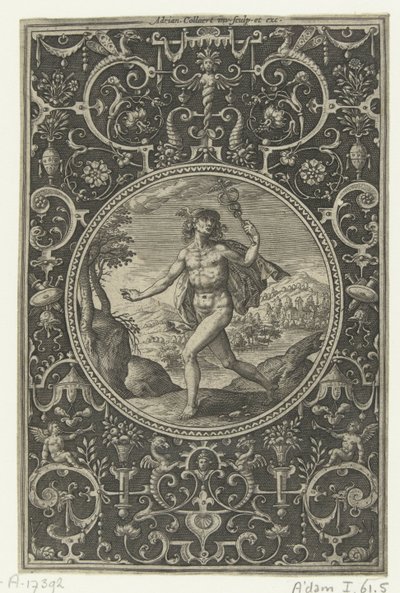 Merkür'ün elinde asasıyla madalyon Paris'in Yargısı'ndan figürlerle madalyonlar (dizi adı) by Adriaen Collaert