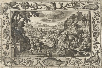 Rebekah ve Eliezer kuyuda İncil, mitolojik sahneler ve av sahneleri içeren manzaralar (dizi adı) by Adriaen Collaert