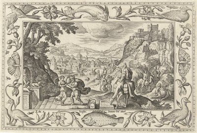 Rebekah ve Eliezer kuyuda İncil, mitolojik sahneler ve av sahneleri içeren manzaralar (dizi adı) by Adriaen Collaert