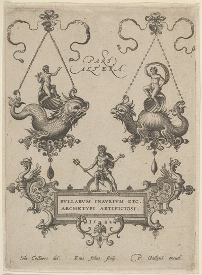 Üstte İki Sarkıt Desenli Başlık Plakası ve Altta Bir Kartuş Üzerinde Duran Neptün, 1582. by Adriaen Collaert