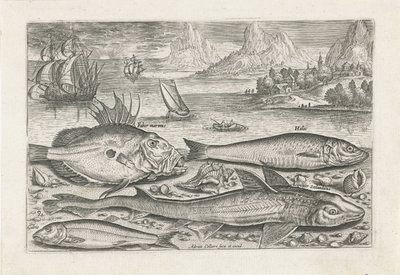 Sahilde dört balık Balık tutma (dizi adı) Piscium vivae simgeleri (seri başlığı) by Adriaen Collaert