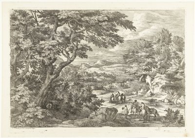 Eve dönüş yolunda avcılarla manzara, uzakta bir kale Avcılarla manzaralar (dizi başlığı) by Adriaen Frans Boudewyns