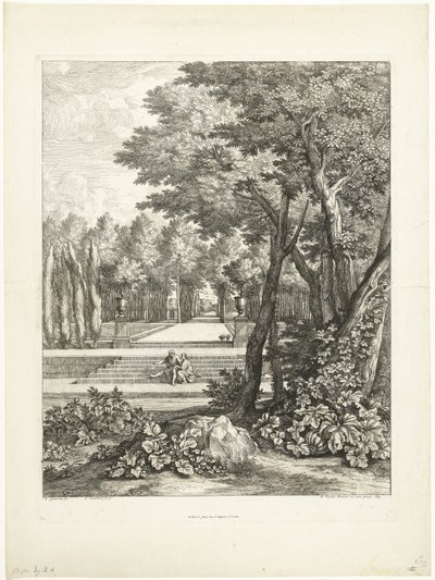 Bahçede bir merdiven üzerinde oturan çift ile manzara by Adriaen Frans Boudewyns