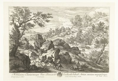 Kayalık bir çıkıntıda binicilerle manzara Avcılarla manzaralar (dizi başlığı) by Adriaen Frans Boudewyns