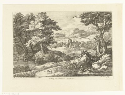 Bir yol boyunca iki figürlü manzara, uzakta bir kilise by Adriaen Frans Boudewyns
