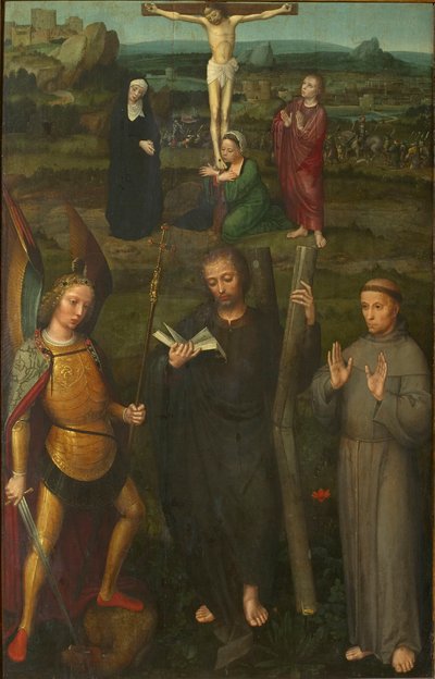 Azizler Başmelek Mikail, Andrew ve Assisili Francis ile Çarmıha Gerilme, c. 1510. by Adriaen Isenbrant