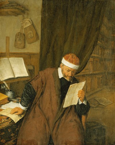 Masada Oturan Bir Avukat Mektup Okurken, Ötesinde Bir Kütüphane, 1668 by Adriaen Jansz. van Ostade