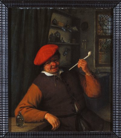 Kırmızı Bereli Bir Köylü, İç Mekanda Pipo İçiyor by Adriaen Jansz. van Ostade
