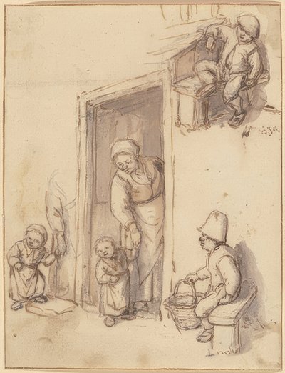 Ön kapıda bir anne ve kızı olan çalışma sayfası, iki erkek çocuk oturuyor. 1660