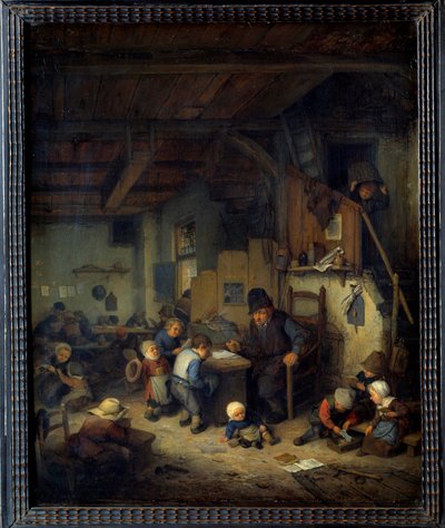Sahne sınıfının ustası, sevilen geçmişlerden gelen küçük öğrencileri olan eski bir öğretmen. Adrien van Ostade (1610-1685) 1662 Sun tarafından tablo. 0,4x0,32 m by Adriaen Jansz. van Ostade
