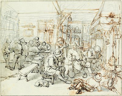 Bir tavernada bir grup köylü (Tavernadaki Köylü Şirketi) - Adriaen Jansz van Ostade (1610-1685), kağıt üzerine kurşun kalem ve Hint mürekkebi tarafından çizim, yaklaşık 1675 - Albertina, Viyana (Avusturya) by Adriaen Jansz. van Ostade