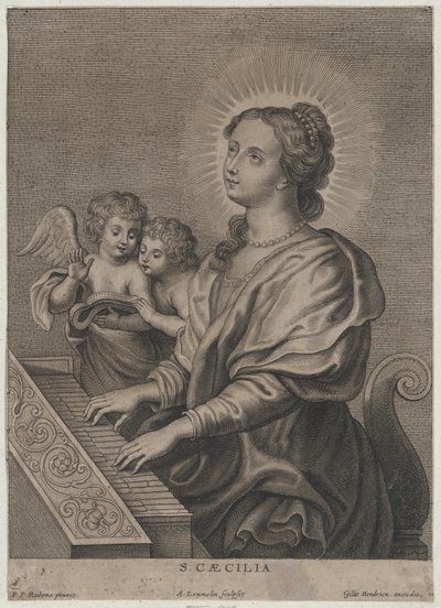 Solda iki putti ile org çalan Aziz Cecilia, yakl. 1654-77. by Adriaen Lommelin