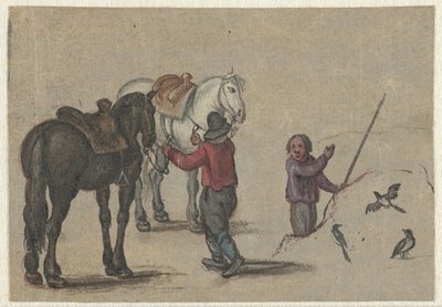 İki at ve kuşlarla bir adam tutan adam by Adriaen Pietersz van de Venne (possibly)