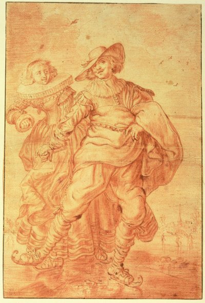 Buz Üzerinde Paten Yapan Bir Hanımefendi ve Beyefendi, 1625 dolayları (kağıt üzerinde kırmızı tebeşir) by Adriaen Pietersz van de Venne