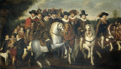 Prens Maurice, iki kardeşi Frederick V, Elector Palatine ve Nassau Kontları'nın Yanında At Sırtında, 1625 dolaylarında by Adriaen Pietersz van de Venne