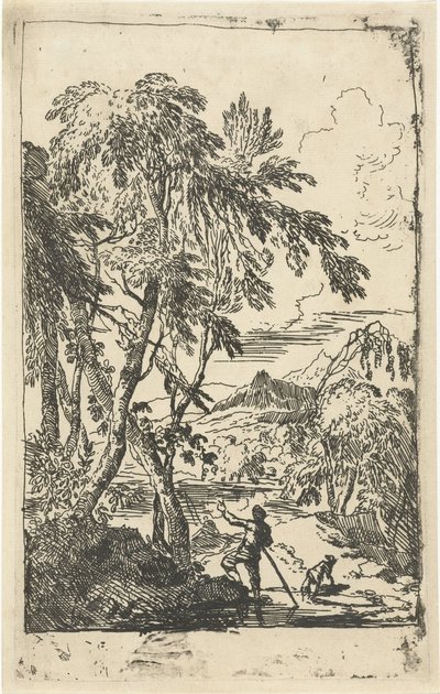 Ağaçlar ve köpek ile adam ile dağlık manzara by Adriaen van Diest