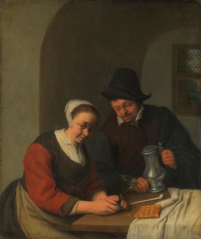 Gizli Sohbet Bir İç Mekanda Bir Çift by Adriaen van Ostade