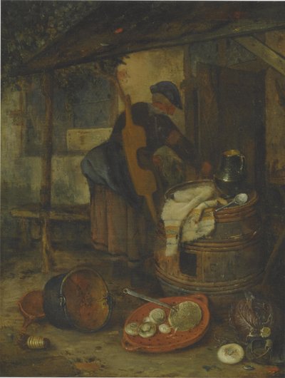 Bir Kapının Yanında Varil ve Sebzeli Bir Hizmetçi by Adriaen Jansz. van Ostade