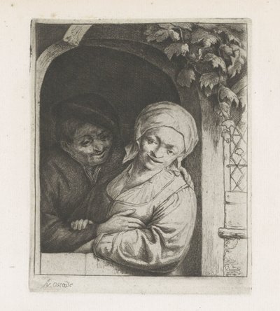 Çiftçi ve çiftçinin karısı kapıda bir aşk çifti olarak by Adriaen van Ostade