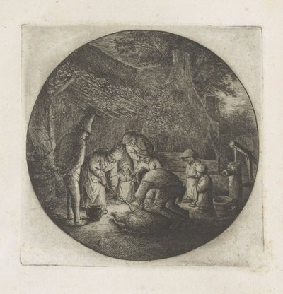 Çiftçi ailesi bir domuz katliamında by Adriaen van Ostade