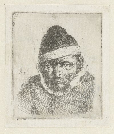 Sivri şapkalı yaşlı bir çiftçinin büstü by Adriaen van Ostade