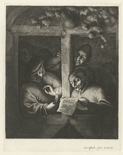 Üç adam açık bir pencerede mum ışığında bir yaprak kağıttan şarkı söylüyor retorikçiler by Adriaen van Ostade
