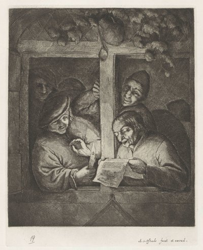 Üç adam açık bir pencerede mum ışığında bir yaprak kağıttan şarkı söylüyor by Adriaen van Ostade