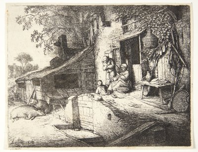 Bir çiftlik evinin önünde dönen kadın by Adriaen van Ostade