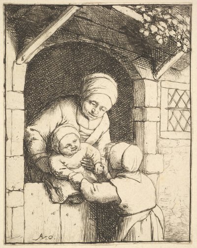 Annesinin Kucağında Bir Bebekle Oynayan Küçük Kız, 1610-85. by Adriaen van Ostade