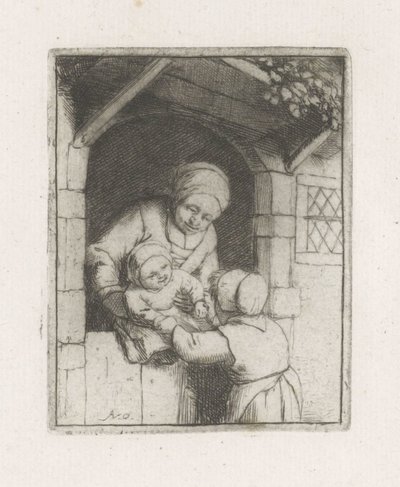 Bir kapıda iki çocuklu anne by Adriaen van Ostade