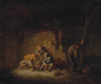 Bir ahırda köpekle oturup içki içen köylüler by Adriaen van Ostade