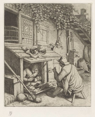 Evinin önündeki dükkanda kunduracı ve bir müşteri by Adriaen van Ostade