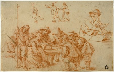 Zar Oynayan ve Paten Yapan Köylü Eskizleri; Kızak üzerinde çocuk taslağını by Adriaen van Ostade