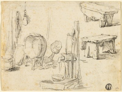 Pompa, Leğen ve Bankların Eskizleri by Adriaen van Ostade