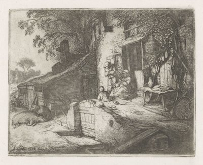 Evin önünde dönen kadın by Adriaen van Ostade