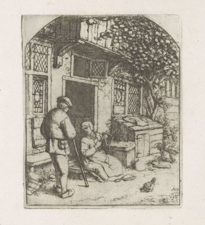 Bir evin eşiğinde kız kurusu by Adriaen van Ostade