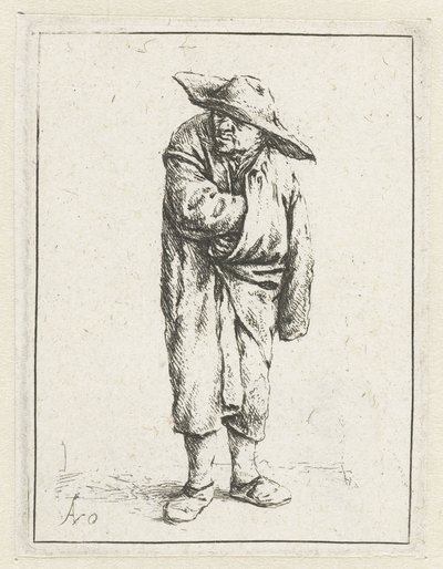 Pelerinin içinde el ve kol ile ayakta çiftçi Dilenci pelerinine sarılmış by Adriaen van Ostade