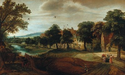 Köy binaları ve İbrahim ve Üç Melek ile ormanlık bir nehir manzarası by Adriaen van Stalbemt