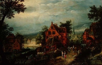Köylülerle Köy Manzarası by Adriaen van Stalbemt