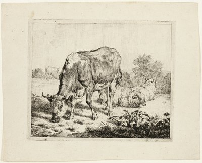 Otlayan Boğa ve Üç Koyun by Adriaen van de Velde