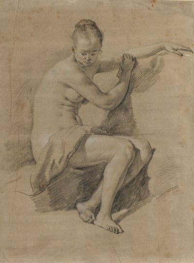 Oturan çıplak kadın, c.1660-70 (Siyah beyaz tebeşir çizimi) by Adriaen van de Velde