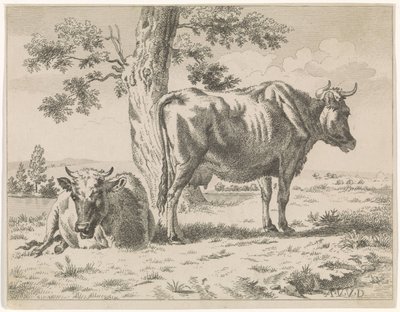 Bir Ağacın Yanında İki İnek (dizi adı) Bir ağaç ve iki koyun tarafından otlayan inek by Adriaen van de Velde