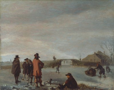 Donmuş bir nehirde bir grup golfçünün olduğu kış manzarası, 1654-72 dolayları (panel üzerine yağlı boya) by Adriaen van de Velde