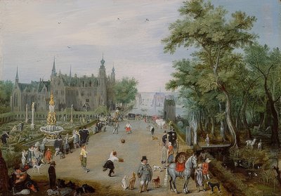 Bir sarayın önünde Jeu de Paume oyunu. 1614 civarında by Adriaen van de Venne