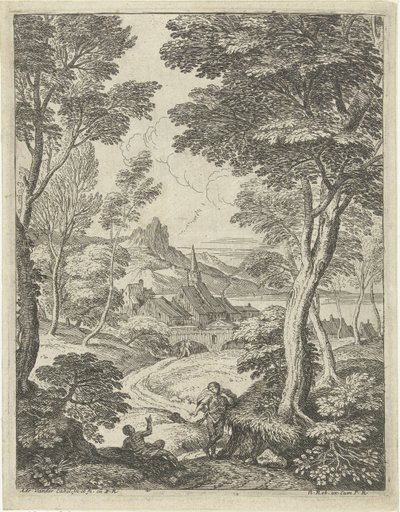 Sivri bir kule ile manzara Çobanların olduğu manzaralar (dizi başlığı) by Adriaen van der Kabel