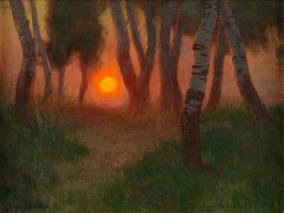 Ağaçlık Bir Peyzajda Gün Batımı (panelde yağlı boya) by Adrian Scott Stokes