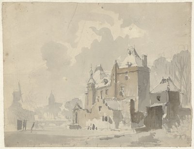 Bir şehrin yakınındaki hayali(?) bir kalenin görünümü by Adrianus Eversen