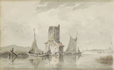 Bir kule ile nehir manzarası by Adrianus Eversen