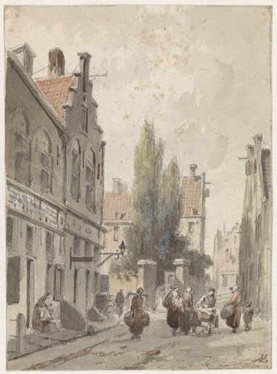 Bir seyyar satıcı ile şehir manzarası by Adrianus Eversen