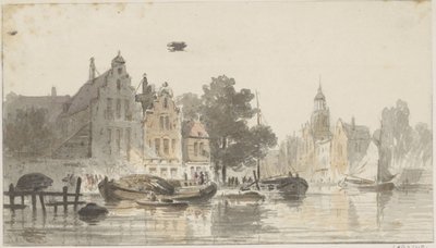 Kanal ile şehir manzarası by Adrianus Eversen